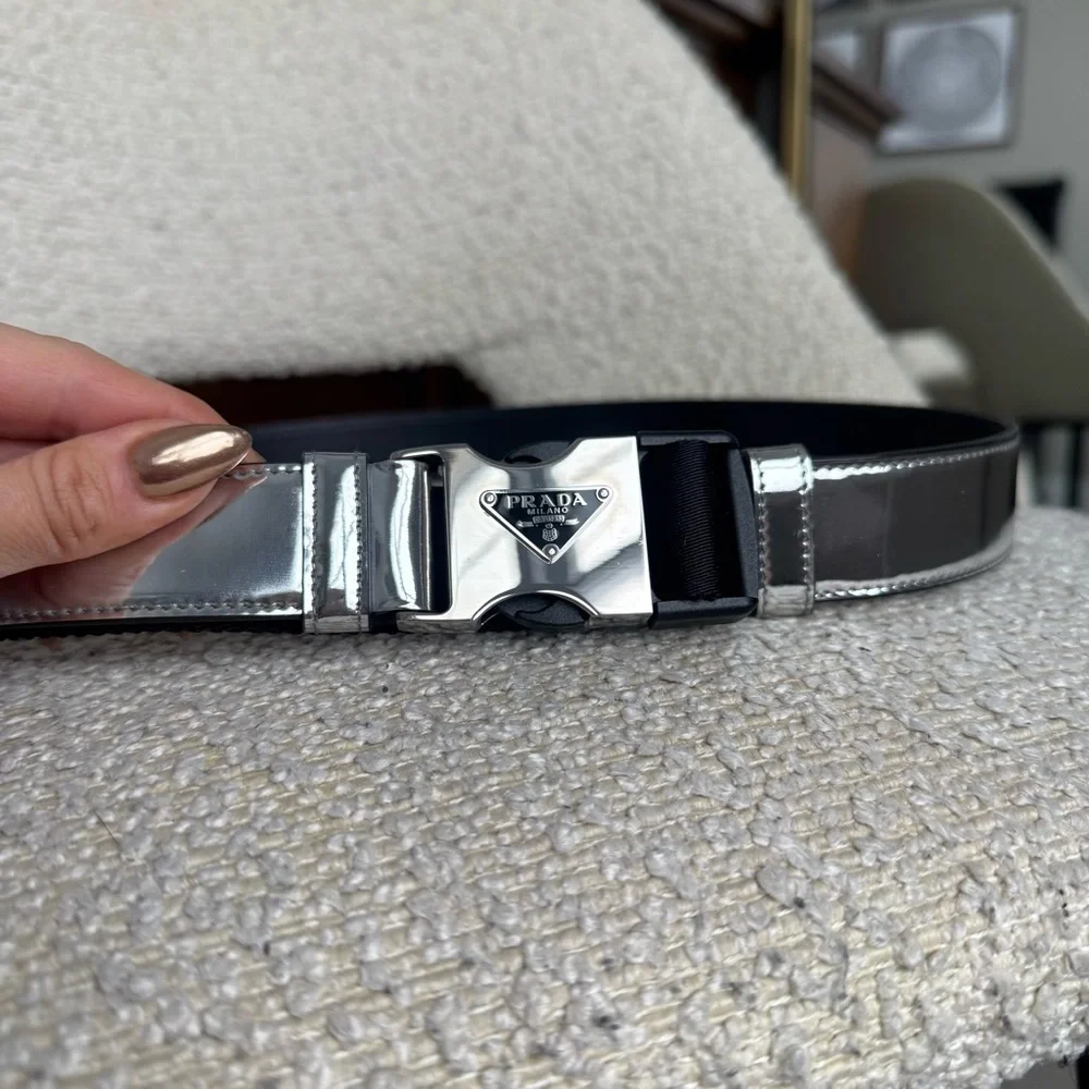Prada Metallic Spazzolato Leather and Woven Tape Belt